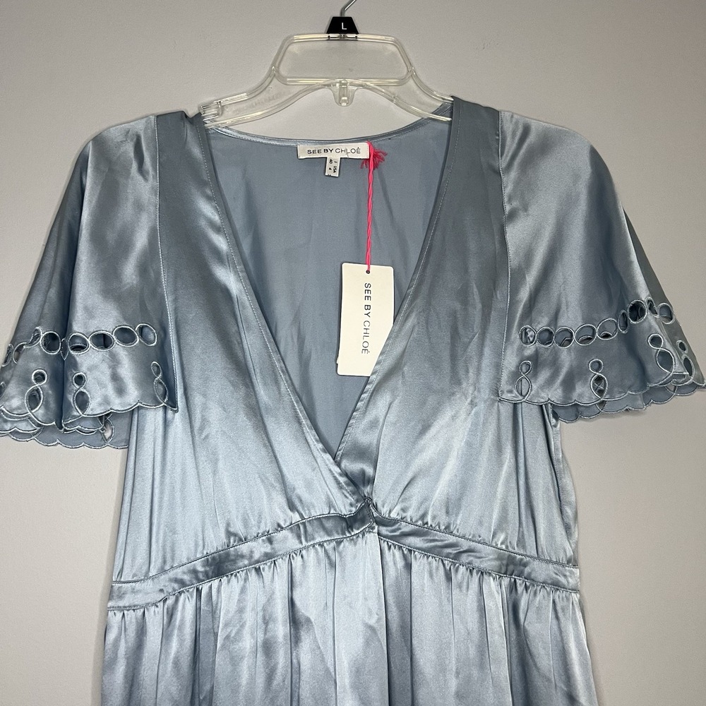 See by‎ Chloe Silk Babydoll Slip Dress Eyelet Blue Y2K Coquette Size 40 US 4 NEW - Picture 4 of 12